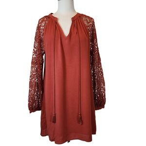 Promesa Rust Dress‎ Medium Crochet Lace Long Sleeves Boho Bohemian Casual